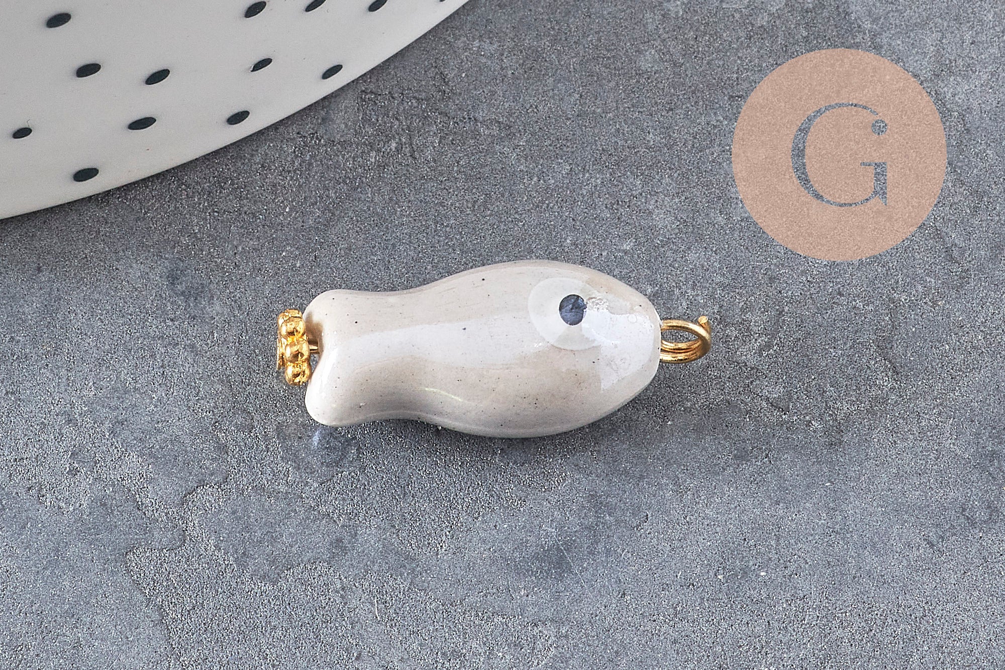 Pendentif poisson porcelaine multicolore Acier 304 inoxydable doré 25mm, x1 (G9816)