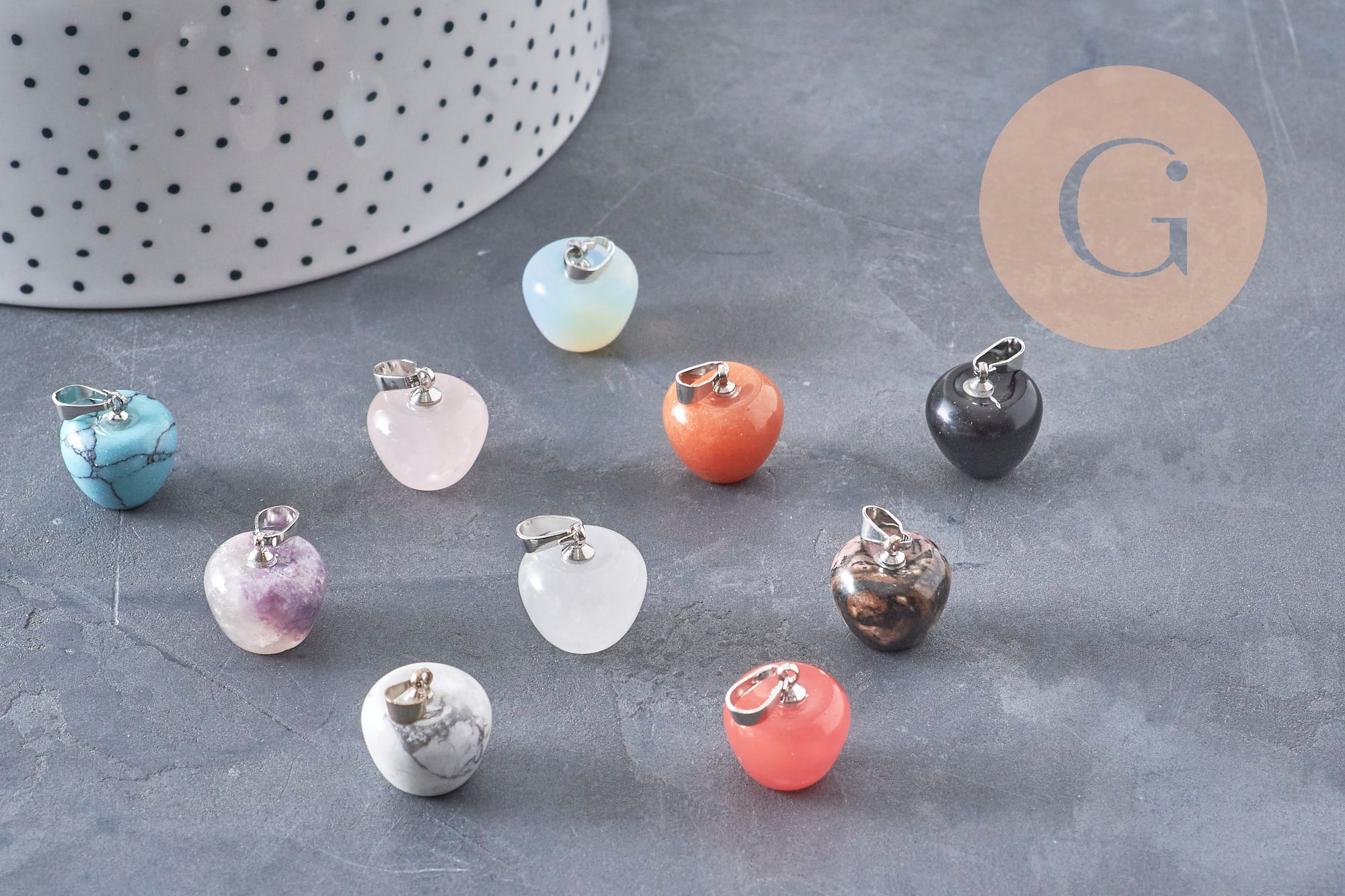 Pendentif pomme pierre naturelle acier inoxydable platine 14-15mm, x1 (G7109)