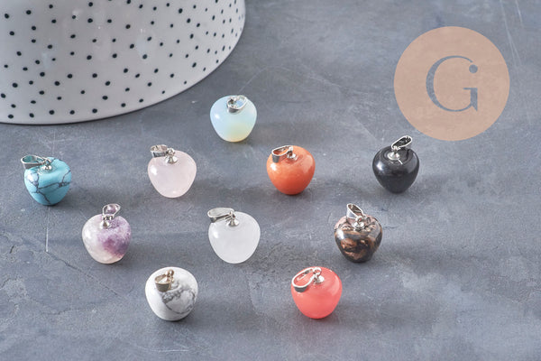 Pendentif pomme pierre naturelle acier inoxydable platine 14-15mm, x1 (G7109)