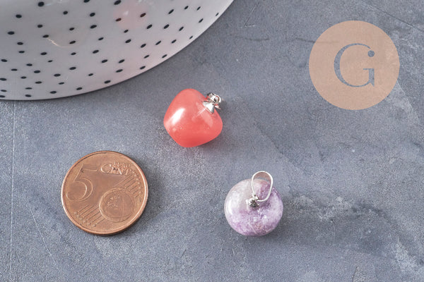 Pendentif pomme pierre naturelle acier inoxydable platine 14-15mm, x1 (G7109)