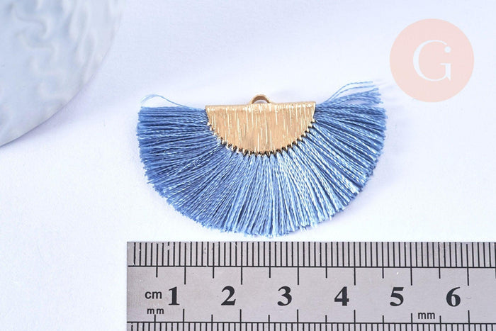 Pendentif pompon éventail fil bleu or,pendentif en laiton doré et fil,47mm, x2 (G5494)