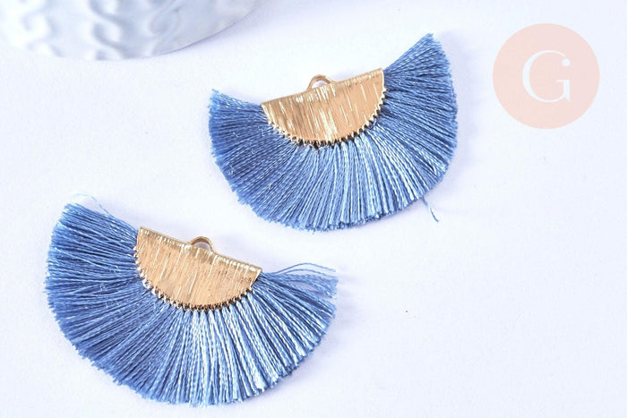 Pendentif pompon éventail fil bleu or,pendentif en laiton doré et fil,47mm, x2 (G5494)