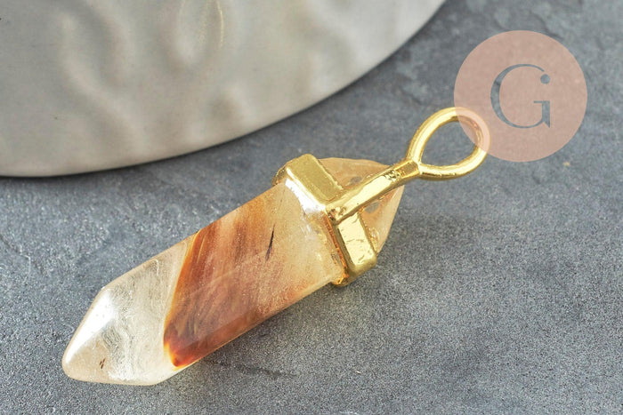Pendentif quartz peau de tigre pointe zamac doré 37-40mm, création bijoux pierre naturelle, x1 G4446