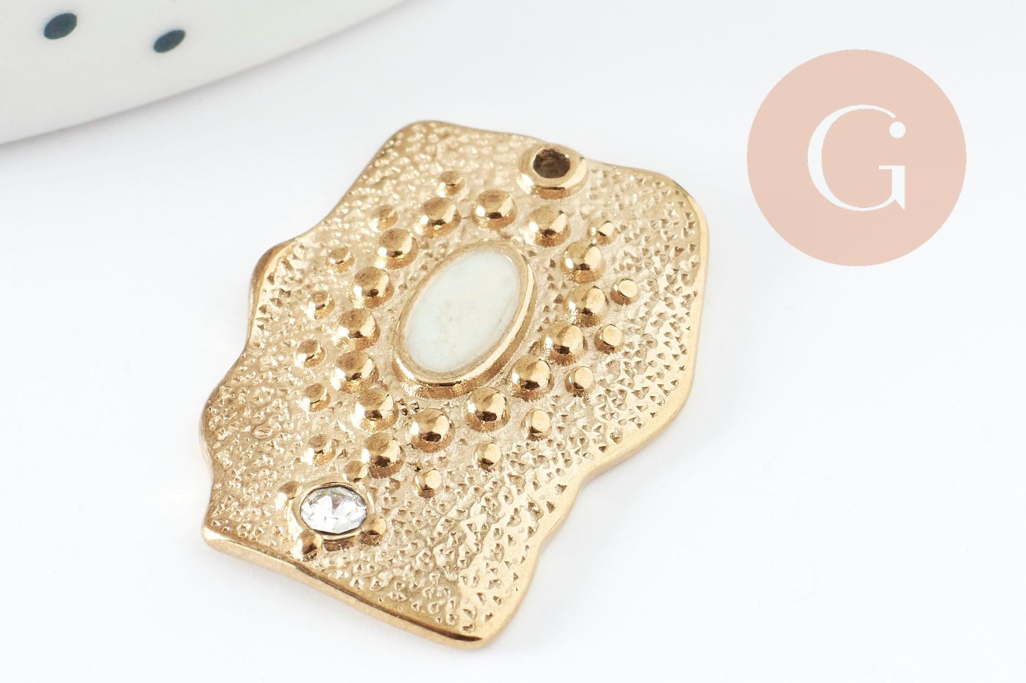 Pendentif rectangle 304 inoxydable doré PVD résine blanche zircon 25mm, x1 (G9410)