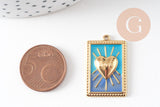 Pendentif rectangle coeur émaillé bleu acier 304 inoxydable doré IP 28mm, x1 (G10801)