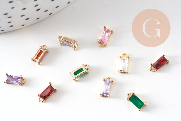 Pendentif rectangle doré 24 carats zircon multicolore,pendentif cristal, pendentif doré cristal, création bijoux,4x9mm, x10 (G3232)