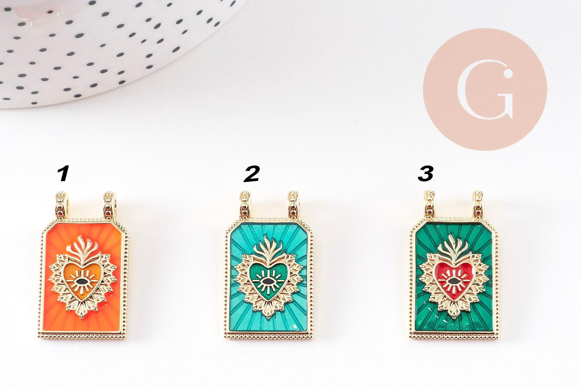 Pendentif rectangle émaillé coeur sacré laiton doré 29mm, x1 (G10942)
