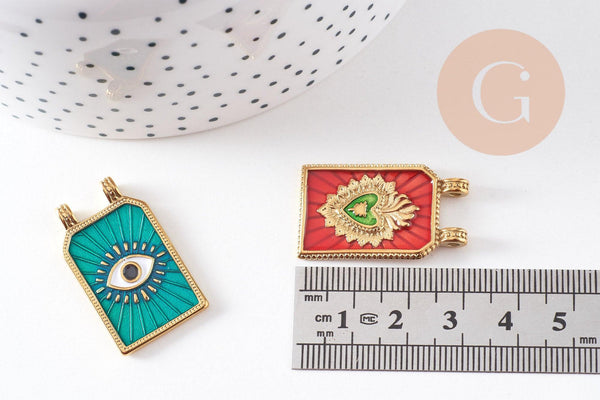 Pendentif rectangle émaillé oeil protecteur coeur sacré acier 304 inoxydable doré PVD 32mm, x1 (G10531)