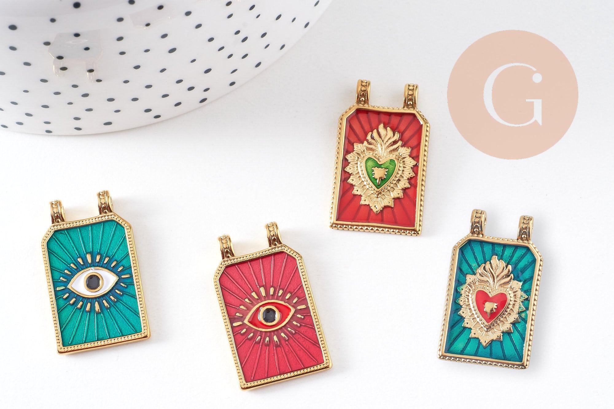 Pendentif rectangle émaillé oeil protecteur coeur sacré acier 304 inoxydable doré PVD 32mm, x1 (G10531)