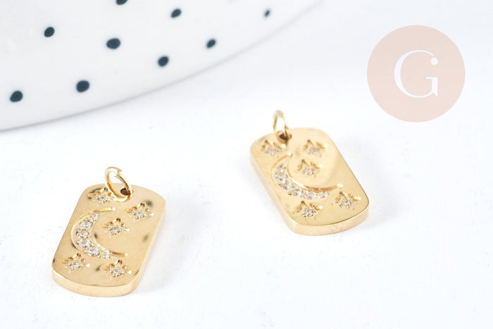 Pendentif rectangle lune étoiles zircons acier 316 doré inoxydable 15mm, x1 (G8817)