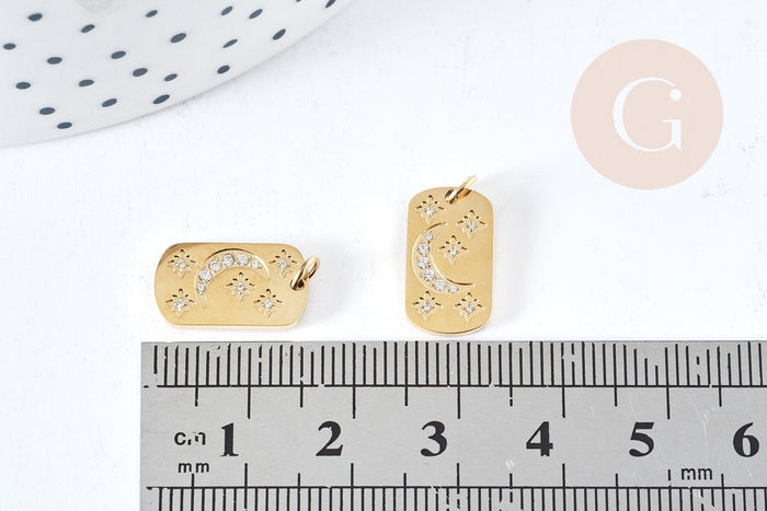 Pendentif rectangle lune étoiles zircons acier 316 doré inoxydable 15mm, x1 (G8817)