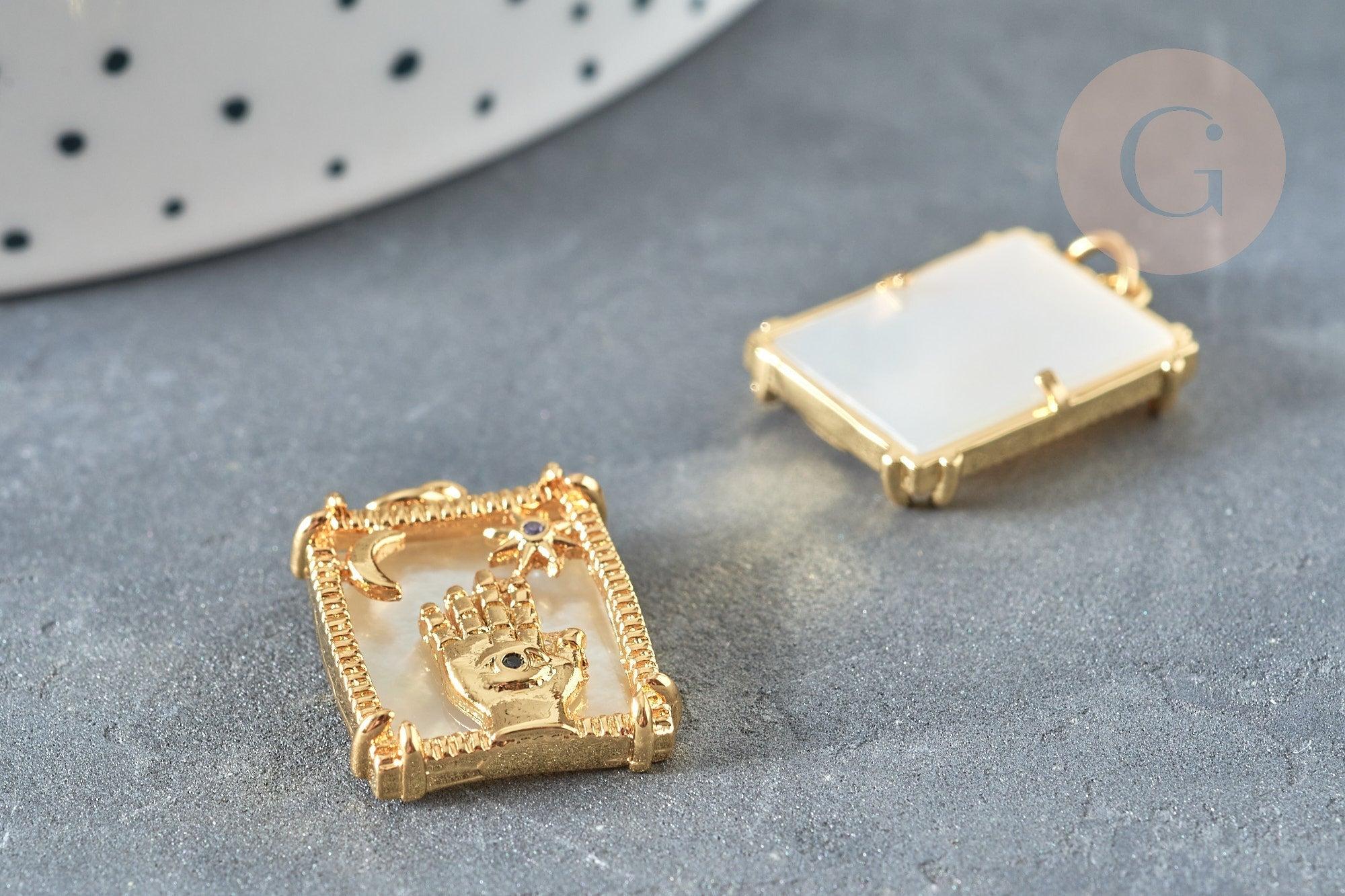 Pendentif rectangle main mauvais œil mystique nacre laiton doré zircon 18K,Pendentif doré carte de tarot, x1 (G7378)