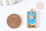 Pendentif rectangle soleil laiton doré émail bleu ciel zircons 27mm, x1 G7568