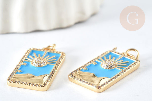 Pendentif rectangle soleil laiton doré émail bleu ciel zircons 27mm, x1 G7568
