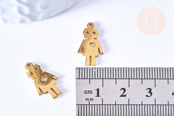 Pendentif robot en acier doré inoxydable 17.5mm, breloque doré, acier inoxydable doré, pendentif sans nickel, création bijoux, x1 (G6795)