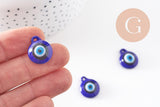 Pendentif rond Mauvais Oeil verre artisanal bleu 12mm,création bijoux chance, x1 (G3236)