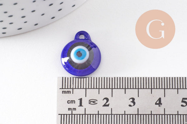 Pendentif rond Mauvais Oeil verre artisanal bleu 12mm,création bijoux chance, x1 (G3236)