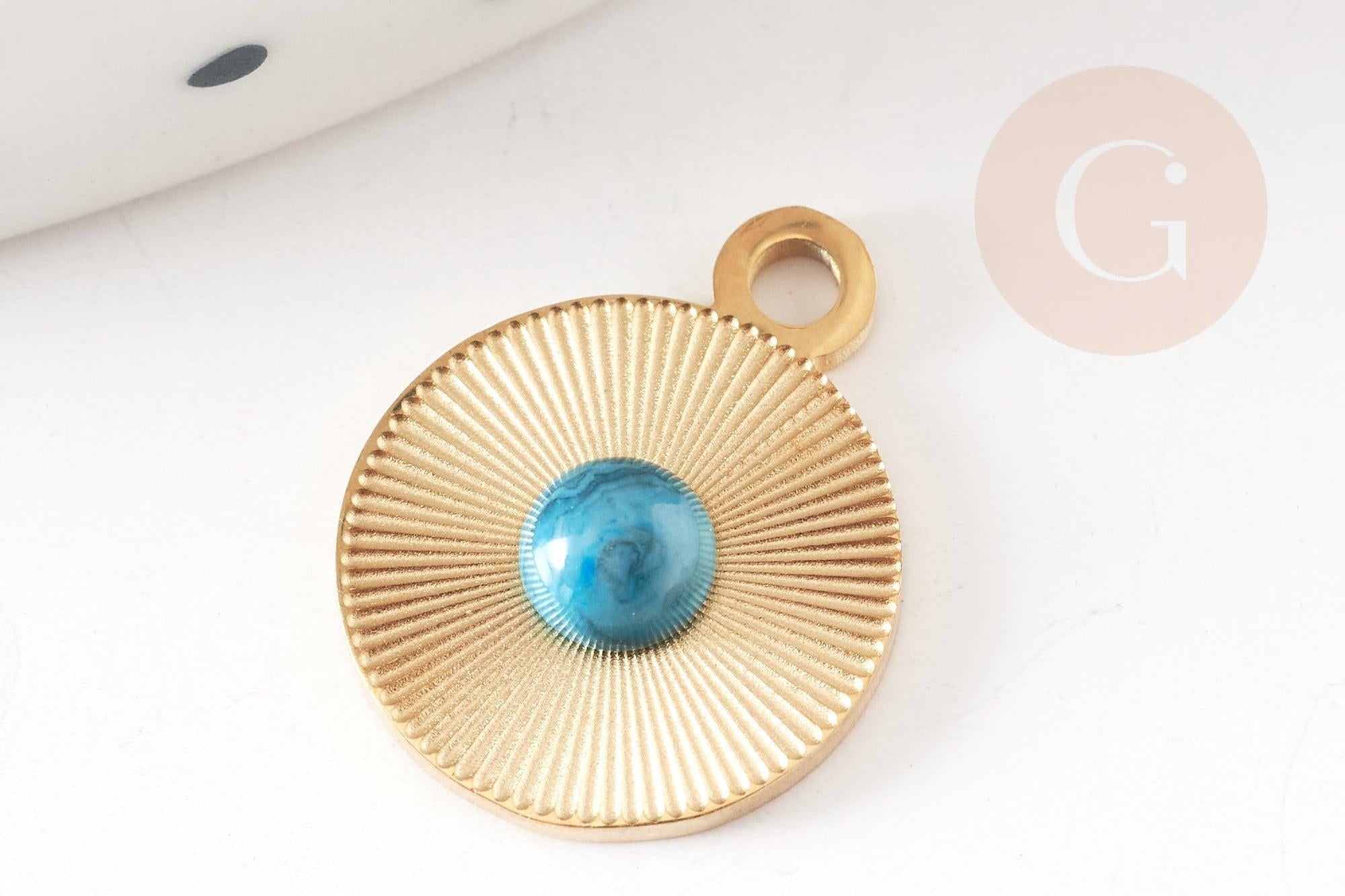 Pendentif rond acier inoxydable 201 doré cabochon turquoise 15mm, x1 (G9281)