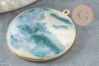 Pendentif rond agate verte mousse naturel laiton doré 32mm, x1 (G2988)