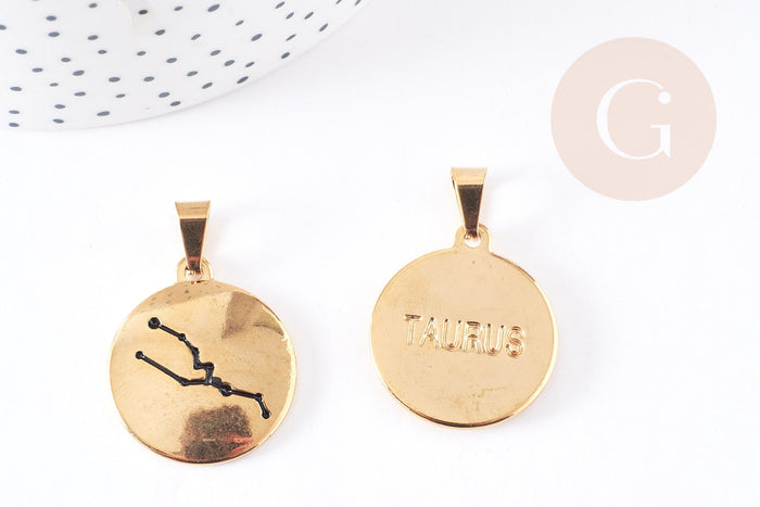 Pendentif rond constellation Taureau acier 304 inodydable doré 29mm, bijou signe astrologique résistant à l'eau, x1 (G4052)