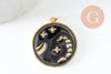 Pendentif rond constellation laiton doré zircon émail noir 23mm, x1 (G3557)