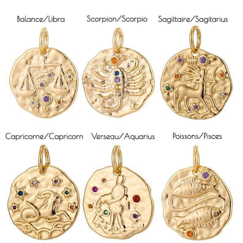 Pendentif rond constellation laiton doré zircons colorés 14-15mm, x1 (G5274)