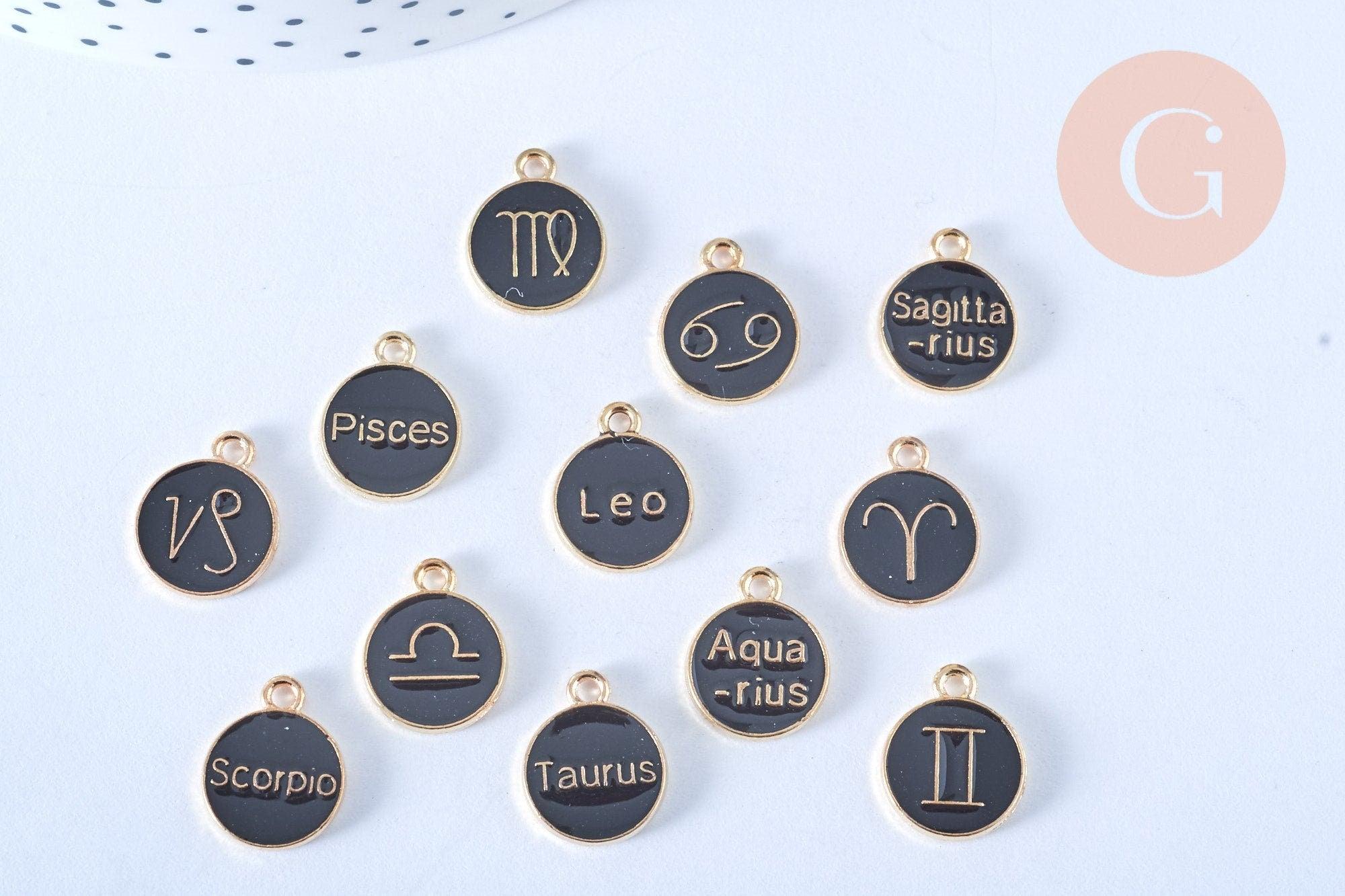 Pendentif rond constellation zamac doré zircon émail noir 15mm, x1 (G6667)