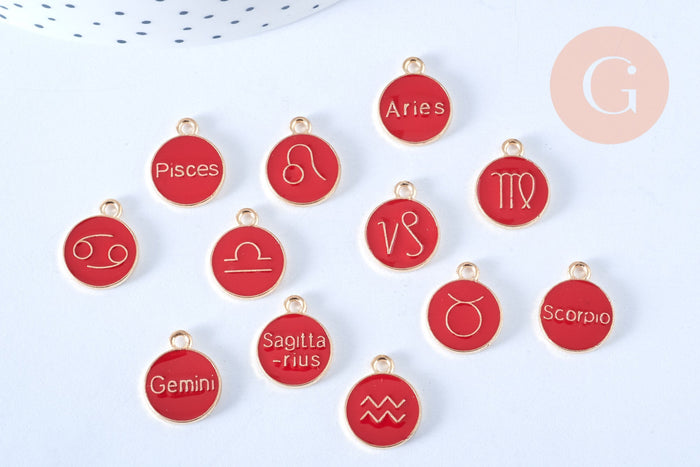 Pendentif rond constellation zamac doré zircon émail rouge 15mm, x1 (G6664)