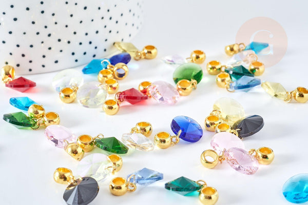 Pendentif rond cristal coloré support zamac doré 25mm,pendentif cristal coloré pour création bijoux, x1 G8564