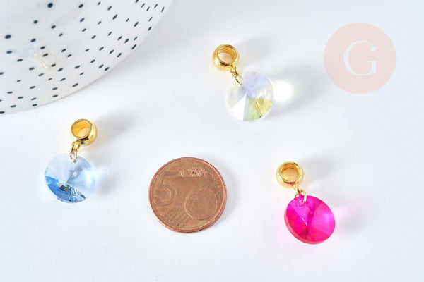 Pendentif rond cristal coloré support zamac doré 25mm,pendentif cristal coloré pour création bijoux, x1 G8564