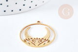 Pendentif rond croissant de lune nénuphar acier 201 doré inoxydable 32mm, x1 (G8814)