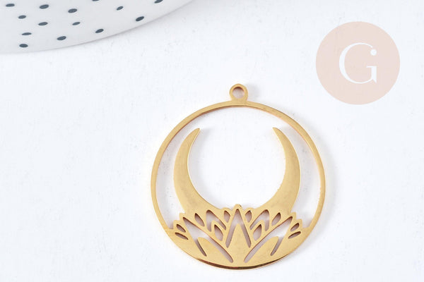 Pendentif rond croissant de lune nénuphar acier 201 doré inoxydable 32mm, x1 (G8814)