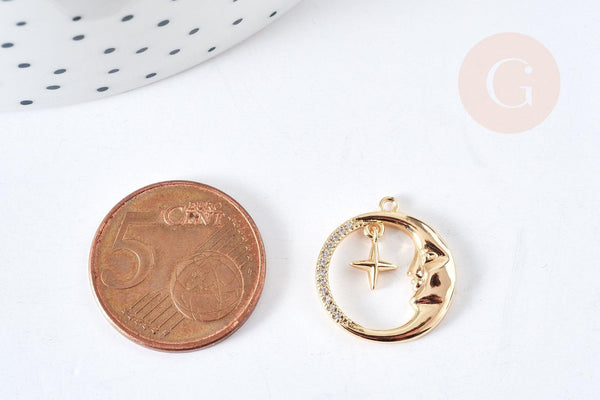 Pendentif rond croissant lune laiton doré zircons blancs 18.5mm, x1 (G8434)