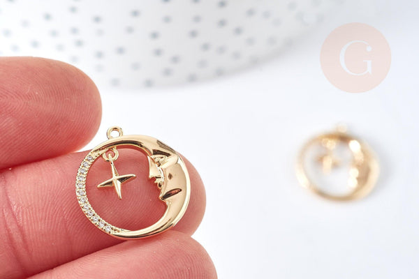 Pendentif rond croissant lune laiton doré zircons blancs 18.5mm, x1 (G8434)