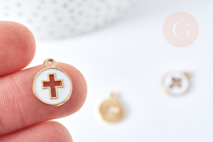 Pendentif rond croix zamac doré émail blanc 15mm, x5 (G8418)