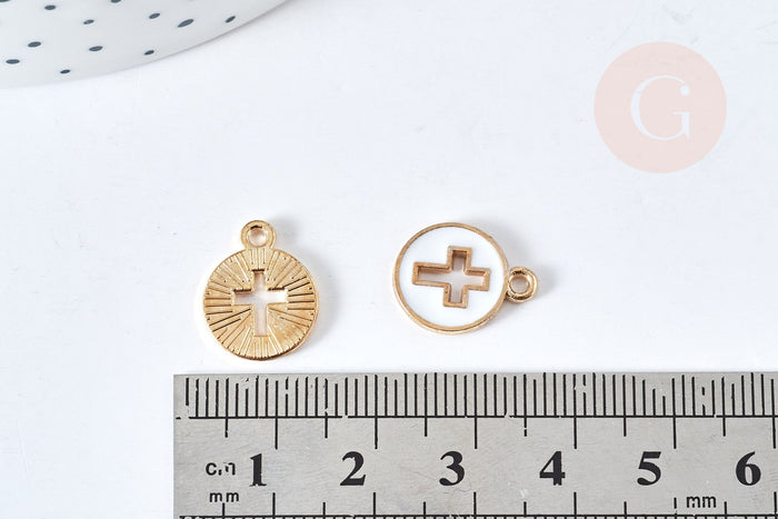 Pendentif rond croix zamac doré émail blanc 15mm, x5 (G8418)