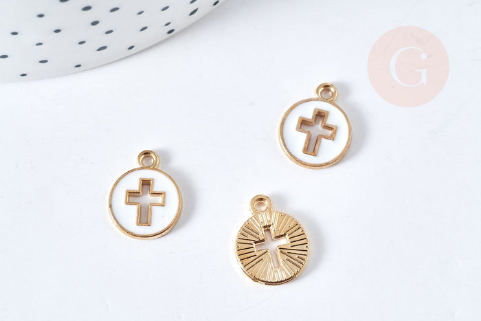 Pendentif rond croix zamac doré émail blanc 15mm, x5 (G8418)