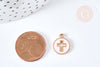 Pendentif rond croix zamac doré émail rose 15mm,pendentif doré pour création de bijoux, x5 (G8417)