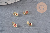Pendentif rond doré 24 carats zircon rouge, pendentif doré cristal, création bijoux,6.5mm, x5 (G4676)