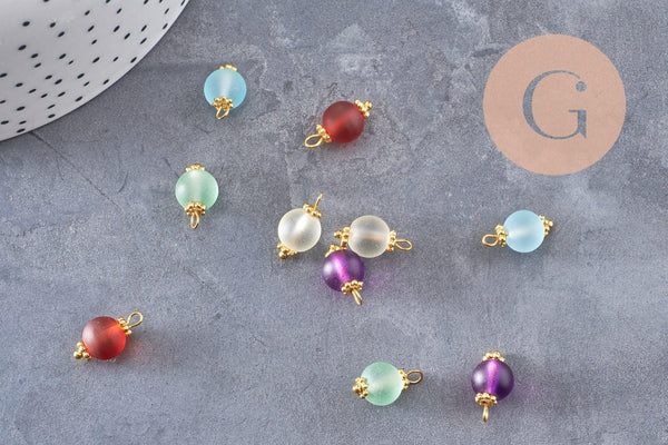 Pendentif rond doré carats verre sablé multicolore, pendentif doré cristal, création bijoux,14mm, X10 (G4185)