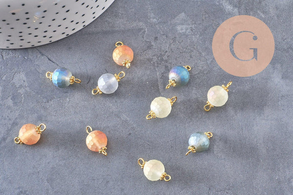 Pendentif rond doré carats verre sablé multicolore,pendentif cristal, pendentif doré cristal, 19mm, X10 (G5674)