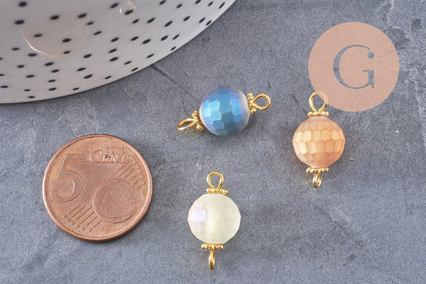 Pendentif rond doré carats verre sablé multicolore,pendentif cristal, pendentif doré cristal, 19mm, X10 (G5674)