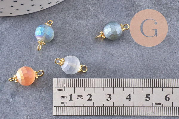 Pendentif rond doré carats verre sablé multicolore,pendentif cristal, pendentif doré cristal, 19mm, X10 (G5674)