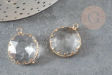 Pendentif rond doré cristal transparent à facettes 25mm, x2 (G2830)