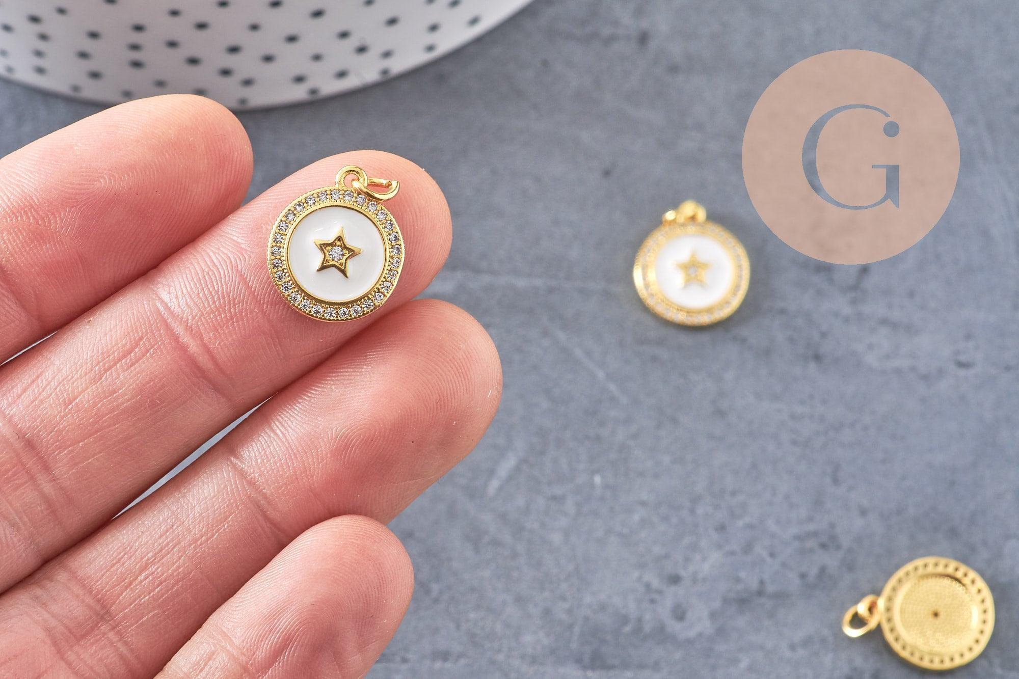 Pendentif rond doré étoile résine blanche, un Pendentif pour femme en métal doré pour la création de bijoux,16mm,x1 (G3158)