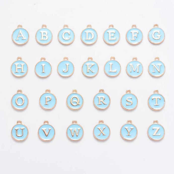 Pendentif rond doré initiale émail bleu, Pendentif femme, métal doré, pendentif initiale,création bijoux,14mm, x1 G3205