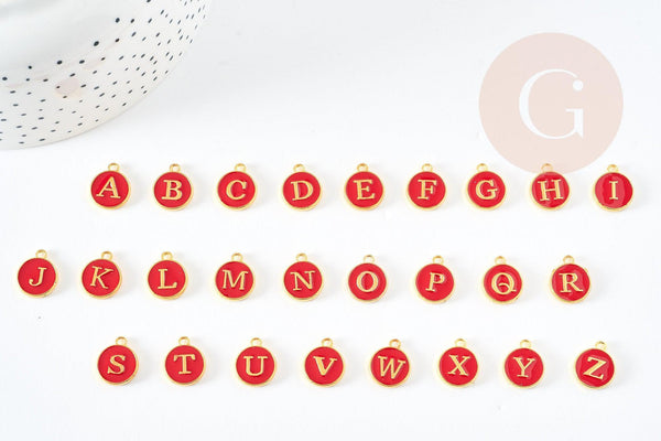 Pendentif rond doré initiale émail rouge ,14mm, x1 (G3004)