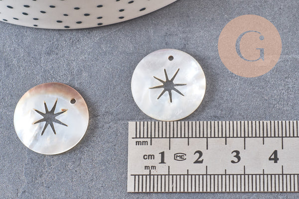 Pendentif rond étoile nacre naturelle beige marron 20mm, x5 (G2179)