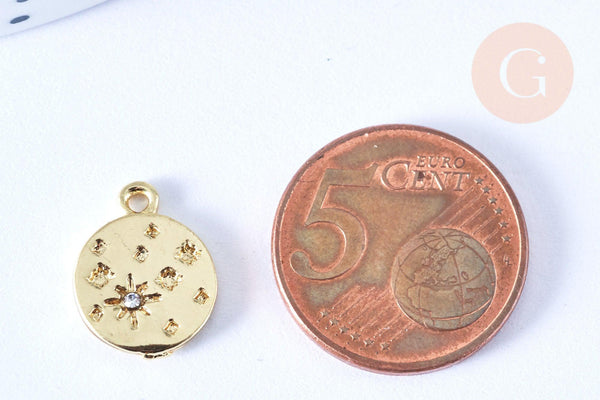 Pendentif rond étoile strass cristal blanc laiton doré 15mm,sans nickel pendentif chance,15mm, x1 (G7114)