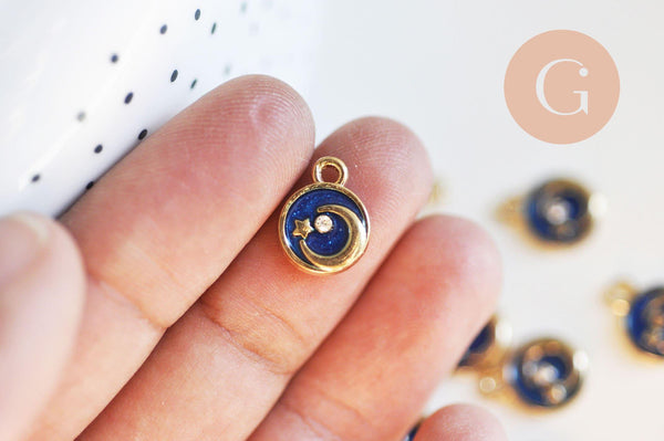Pendentif rond étoiles de lune émaillé bleu zamac or zircon 13mm, x1 (G5917)